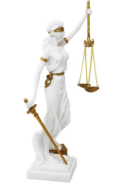Figur der Themis mit der Möglichkeit einer personalisierten Gravur - elegantes Geschenk für Juristen, Richter oder Jurastudenten, weiß mit goldenen Akzenten, Höhe 35 cm, handbemalt aus Polyresin