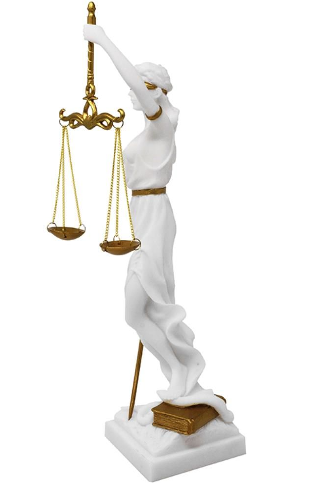 Figur der Themis mit der Möglichkeit einer personalisierten Gravur - elegantes Geschenk für Juristen, Richter oder Jurastudenten, weiß mit goldenen Akzenten, Höhe 35 cm, handbemalt aus Polyresin