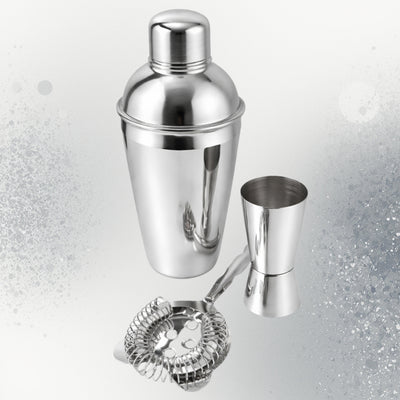 Barkeeper-Set Steel 3-teilig mit Gravur-Personalisierung - Shaker 750 ml, Jigger 15/30 ml, Sieb - elegantes Geschenk für Cocktail-Liebhaber, Edelstahl, silberne Farbe