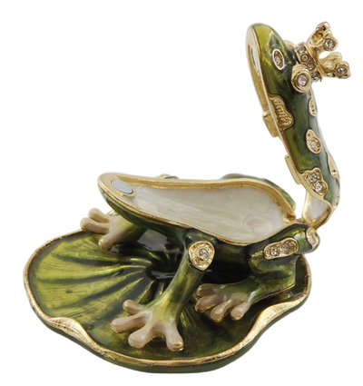 Exklusive Metall-Geschenkbox in Froschform mit Kristallen, dunkelgrün und gold, personalisierbare Gravur, ideales Geschenk, Maße 6,5x6,7x4,5 cm  
