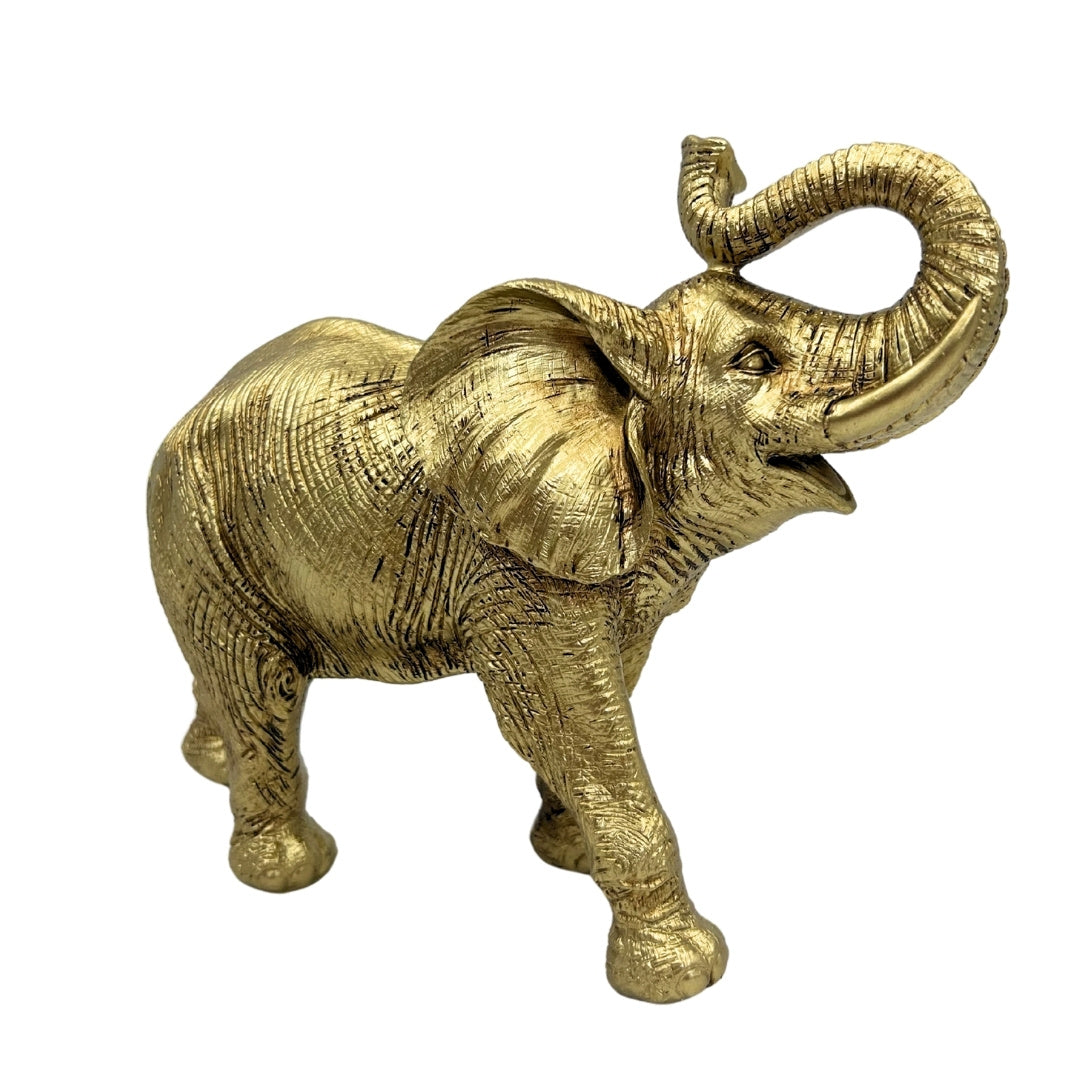 Goldener Elefant mit erhobenem Rüssel – elegante Dekofigur mit personalisierbarer Gravur, ideal als Geschenk – Höhe 20,5 cm, Material Polyresin  