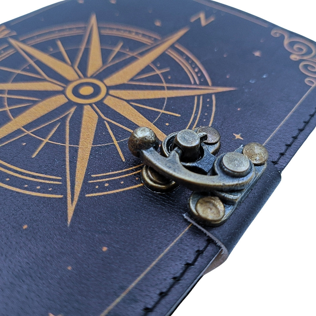 Retro Leder-Notizbuch Windrose Schwarz-Gold mit personalisierter Gravur