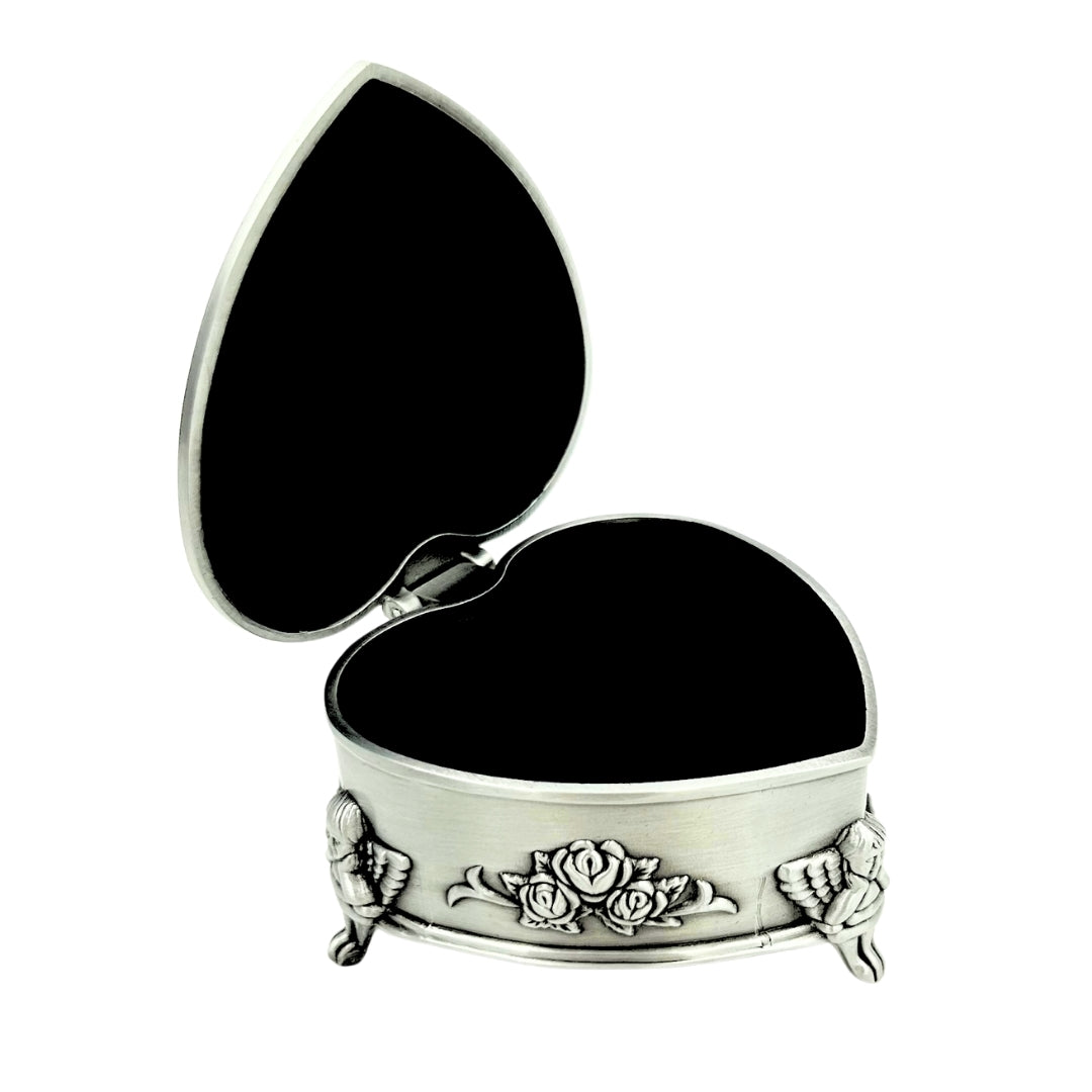 Metall-Schmuckschatulle in Herzform mit personalisierbarer Gravur – elegantes Geschenk zu Valentinstag, Jubiläum oder Geburtstag, verziert mit Rosenmotiv, Maße 8,7 x 8,4 x 5,1 cm