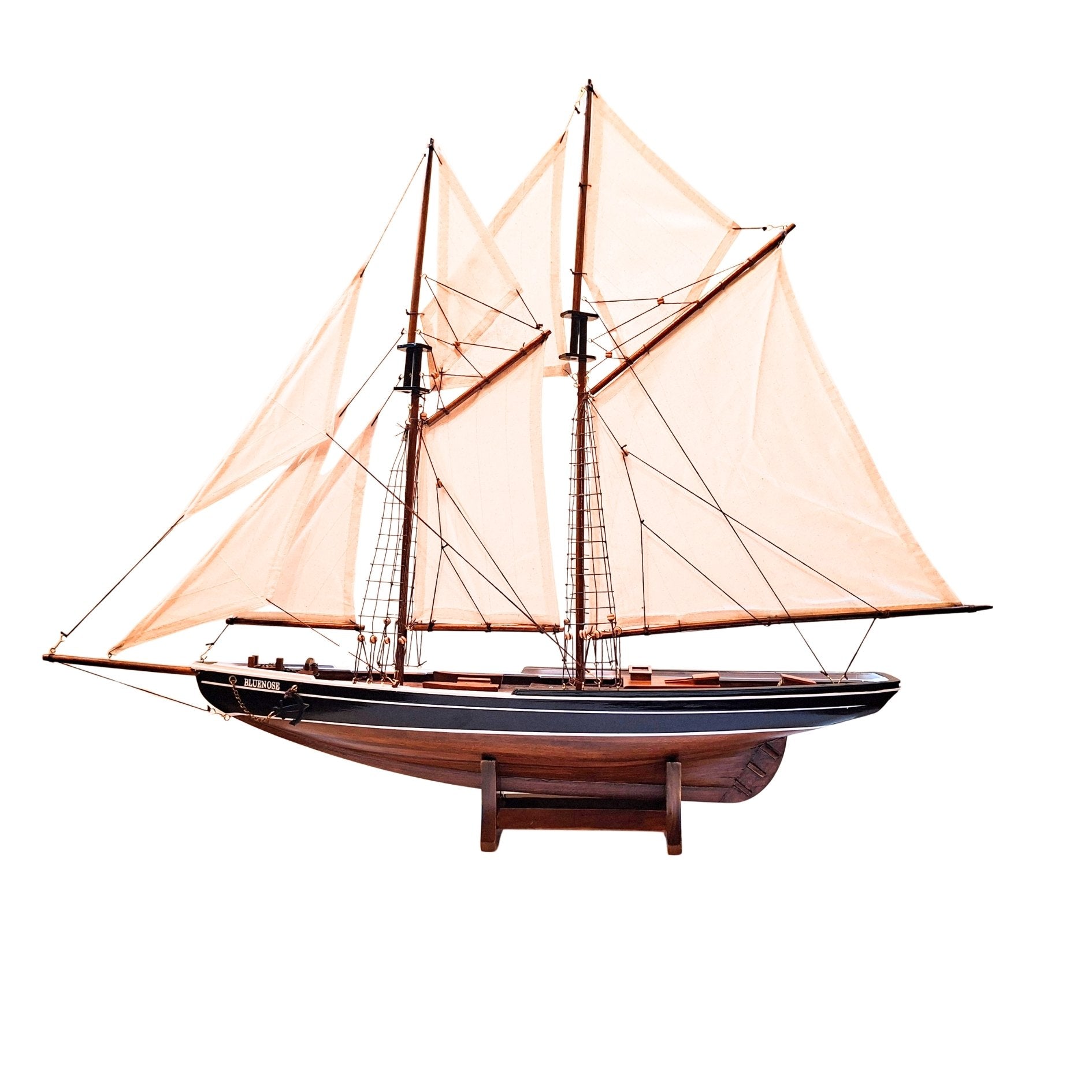 Modell des Bluenose-Schoners 78 cm mit Gravur – elegante maritime Holzdekoration, Geschenk für Segel- und Meeresgeschichtsfreunde mit natürlichen Segeln