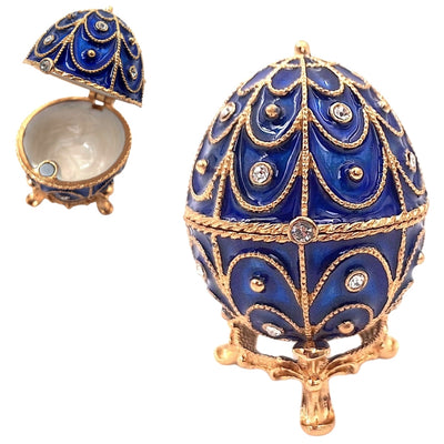 Exklusive Metall-Geschenkbox mit Kristallen in Fabergé-Ei-Form, Marineblau-Gold, 5,5x6,5 cm, personalisierbare Gravur  