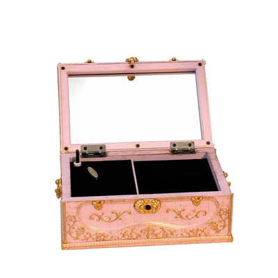 Schmuckschatulle mit Spieluhr in Rosa mit goldenen Verzierungen, Gravurpersonalisierung möglich, ideal als Geschenk, Maße 18x11,8x11,8 cm