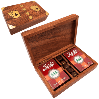 Elegantes Spielset mit zwei Kartendecks und Würfeln in Holzbox mit Messingverzierungen – Personalisierte Gravur  