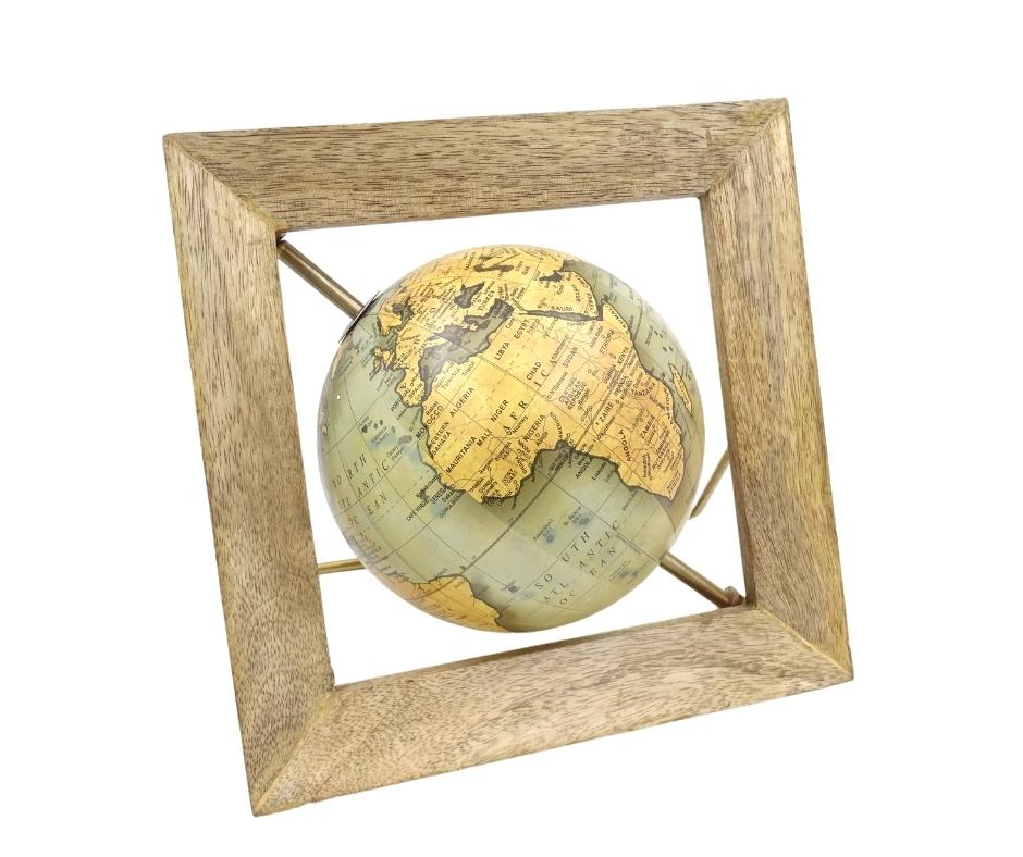 Dekorativer Globus GLB-40 im Holzrahmen mit Gravur-Personalisierung, blau-gelbe Karte, Durchmesser 15 cm