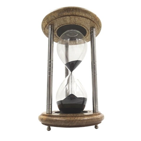 Messing-Holz-Sanduhr 10 min mit Gravur - elegantes Geschenk in Schwarz, Höhe 25 cm, gefertigt aus Metall, Glas und Mangoholz
