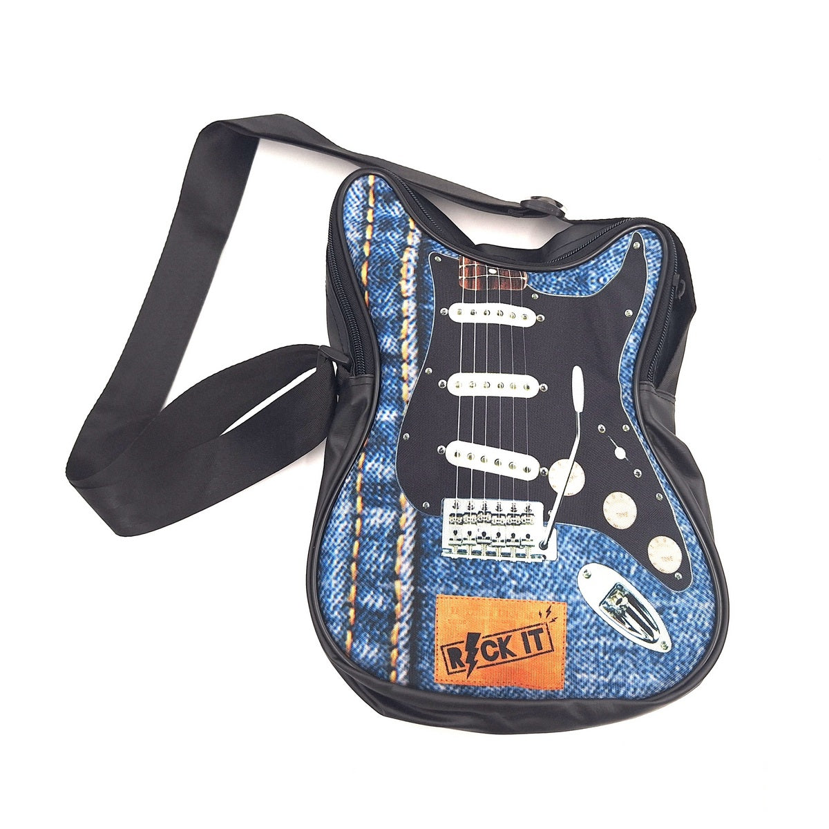 Schultertasche in Gitarrenform Let’s Rock RBG-019 mit Möglichkeit der Personalisierung durch Gravur, wasserdicht, ideal als Geschenk für Musiker, 100 % PVC und Polyester, Maße 34 x 23 x 5 cm