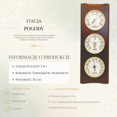 Elegante Retro-Wetterstation 36 cm mit Gravur – Barometer, Thermometer, Hygrometer im Holzgehäuse