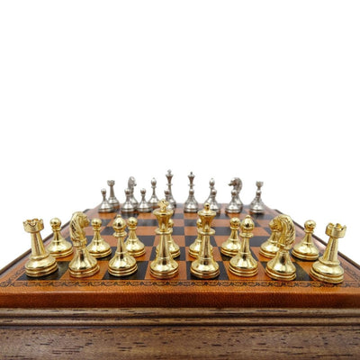 Exklusive magnetische Metall-Schachfiguren Italfama 18x18 cm mit personalisierbarer Gravur – elegantes Geschenk für jeden Anlass, braun-schachbrettmuster mit gold-silbrigen Figuren