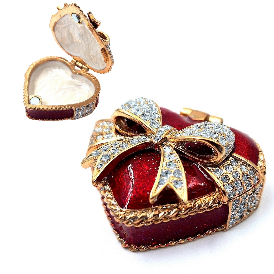 Metall-Schmuckbox in Herzform mit Kristallen, rot-gold-silber, personalisierbare Gravur, ideales romantisches Geschenk, Maße 4,8 x 4 x 2,5 cm  