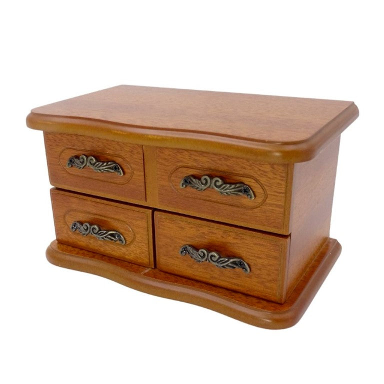 Musik-Schmuckkästchen aus Holz mit Spiegel und Gravur - elegantes Geschenk für Schmuck mit zwei Schubladen, Höhe 10cm, Melodie „The Entertainer“