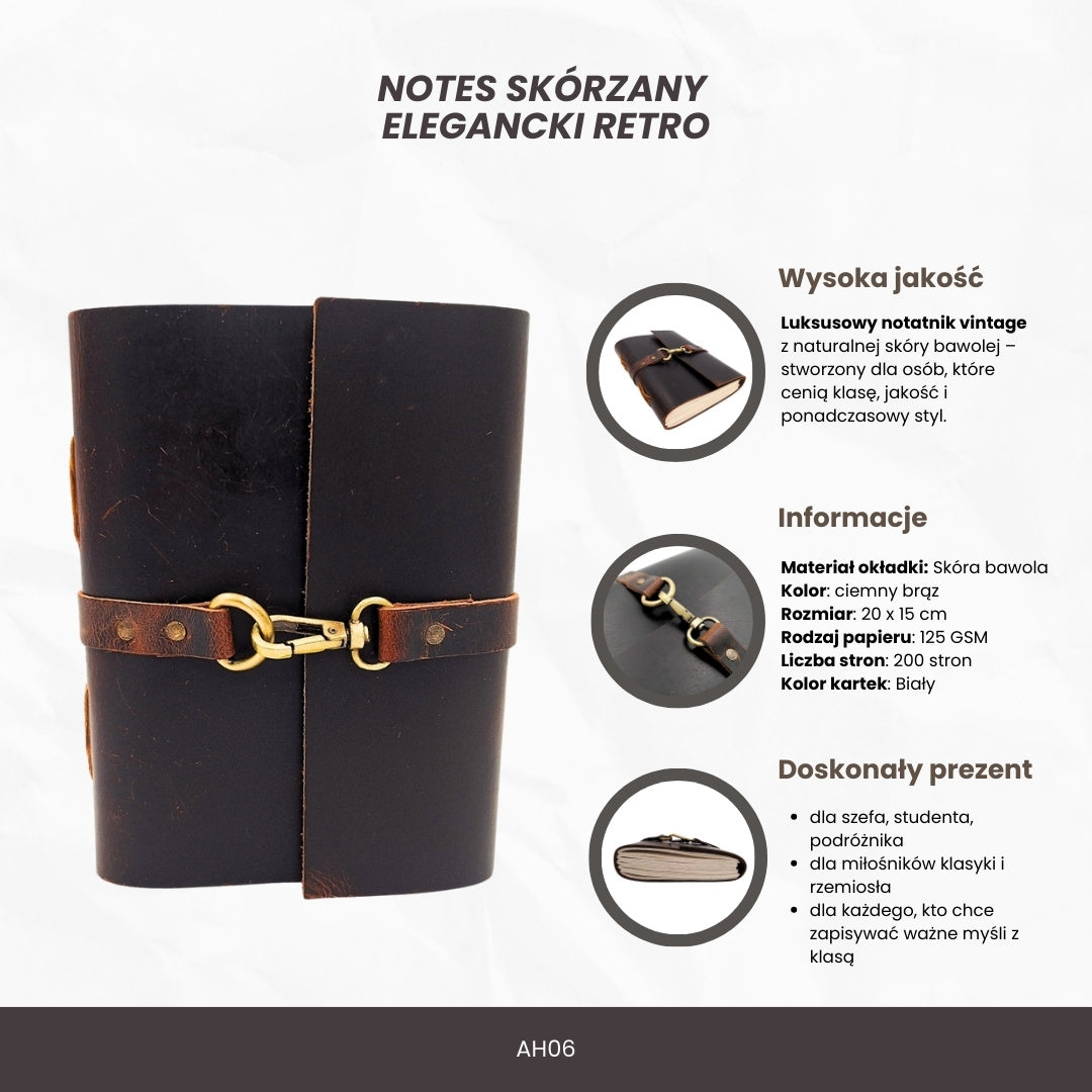 Elegantes Retro Leder-Notizbuch 200 Seiten Vintage AH06 mit Personalisierung durch Gravur