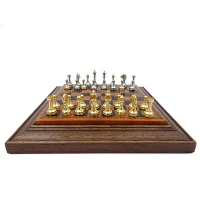 Exklusive magnetische Metall-Schachfiguren Italfama 18x18 cm mit personalisierbarer Gravur – elegantes Geschenk für jeden Anlass, braun-schachbrettmuster mit gold-silbrigen Figuren