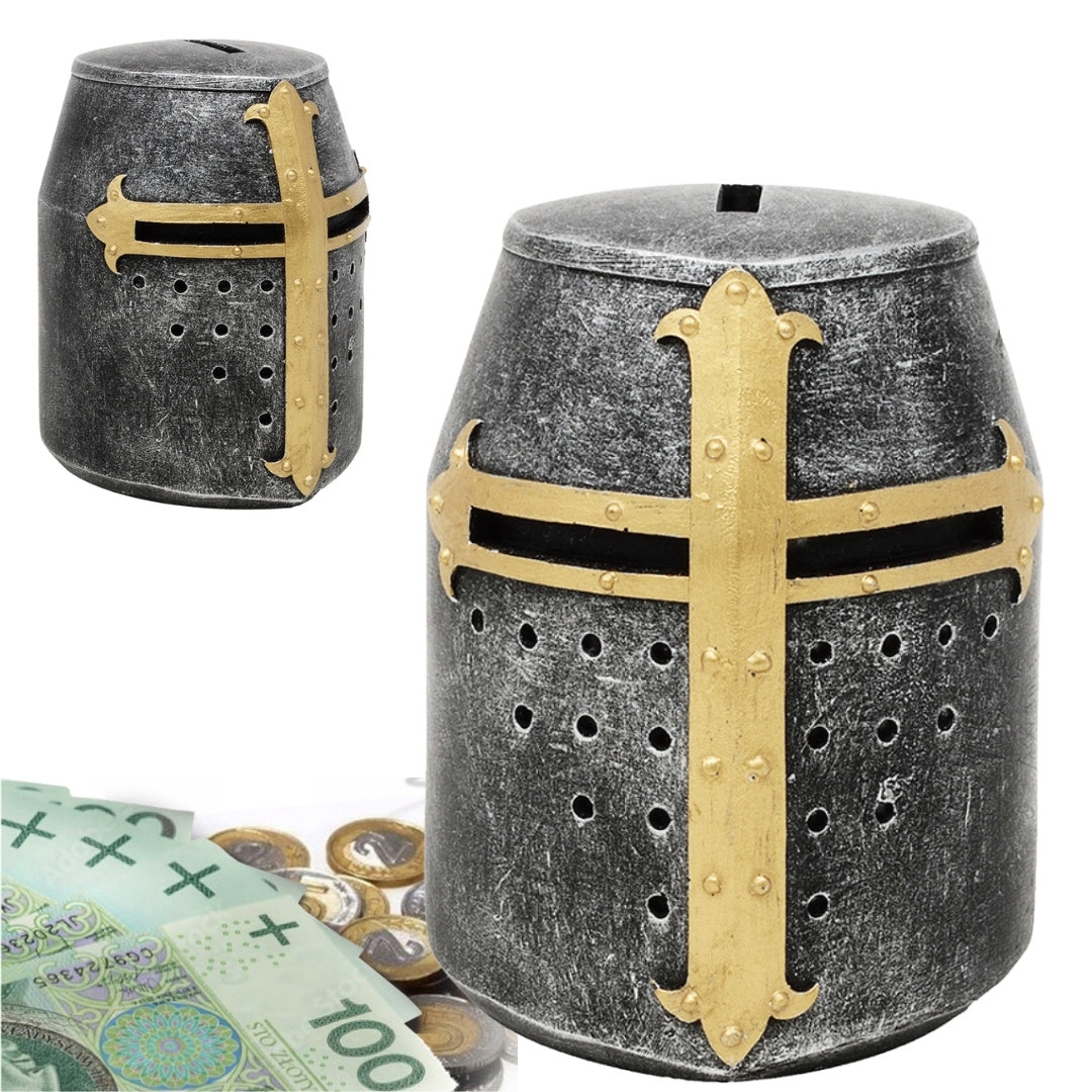Spardose Ritterhelm Kreuzritter mit Gravur-Personalisierung – einzigartiges mittelalterliches Geschenk, Höhe 10 cm, handbemalt aus Polyresin  