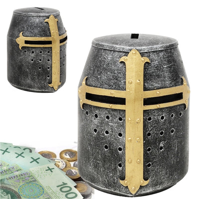 Spardose Ritterhelm Kreuzritter mit Gravur-Personalisierung – einzigartiges mittelalterliches Geschenk, Höhe 10 cm, handbemalt aus Polyresin  