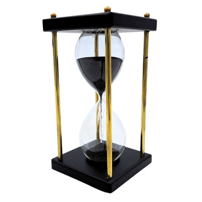 Messing-Holz-Sanduhr 5 Minuten mit schwarzem Sand und personalisierbarer Gravur – elegante Retro-Dekoration als Geschenk, Höhe 16 cm