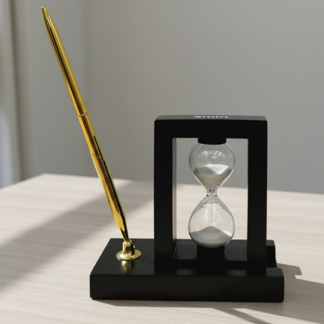 Dekoratives Schreibtisch-Set mit 3-Minuten-Sanduhr und Stifthalter mit Gravur  