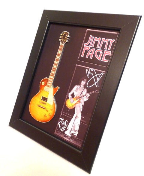 Mini-Gitarre im Stil von Jimmy Page mit Rahmen FMG-012, Möglichkeit der Personalisierung durch Gravur, ideal als Geschenk, Holzrahmen 1,3 cm x 16 cm x 21,4 cm, Mini-Gitarre aus Stahl zum Aufstellen oder Aufhängen an der Wand