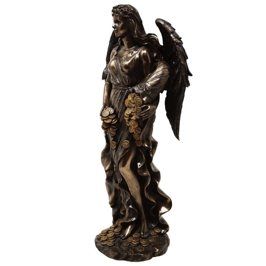 Figur Fortuna, Göttin des Glücks und Reichtums, 29 cm mit Füllhorn – personalisierte Gravur als Geschenk, elegante Dekoration aus Harz-Konglomerat in Braun- und Kupfertönen