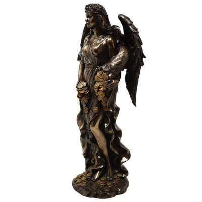 Figur Fortuna, Göttin des Glücks und Reichtums, 29 cm mit Füllhorn – personalisierte Gravur als Geschenk, elegante Dekoration aus Harz-Konglomerat in Braun- und Kupfertönen
