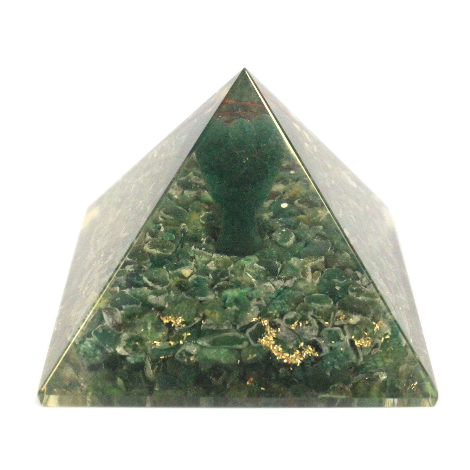 Magische Orgonit-Pyramide 70 mm - Engel mit esoterischen Objekten, grünlichem Inneren und handgefertigter Ausführung