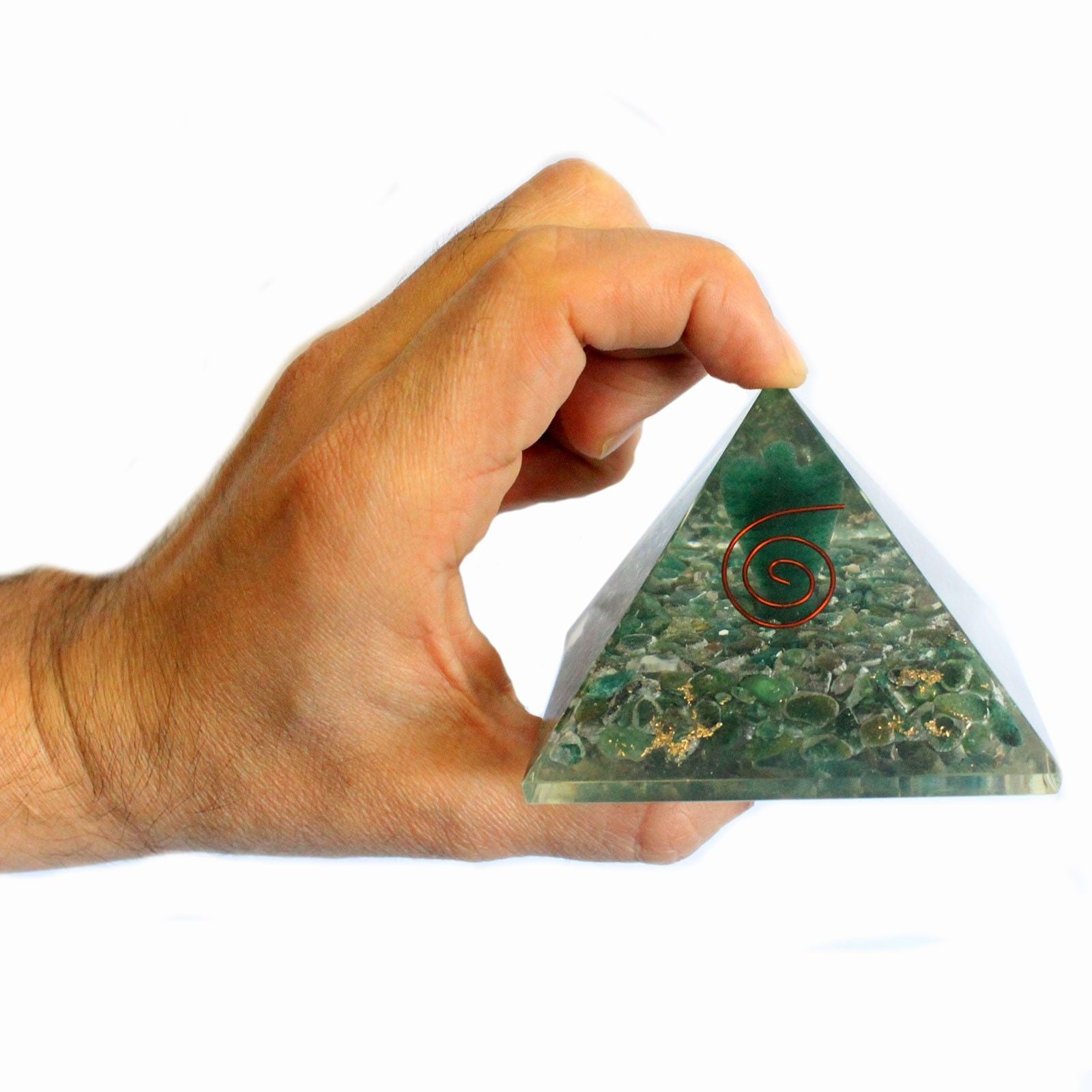 Magische Orgonit-Pyramide 70 mm - Engel mit esoterischen Objekten, grünlichem Inneren und handgefertigter Ausführung