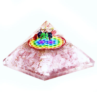 Rosenquarz-Orgonit-Pyramide mit Regenbogenmuster der Blume des Lebens
