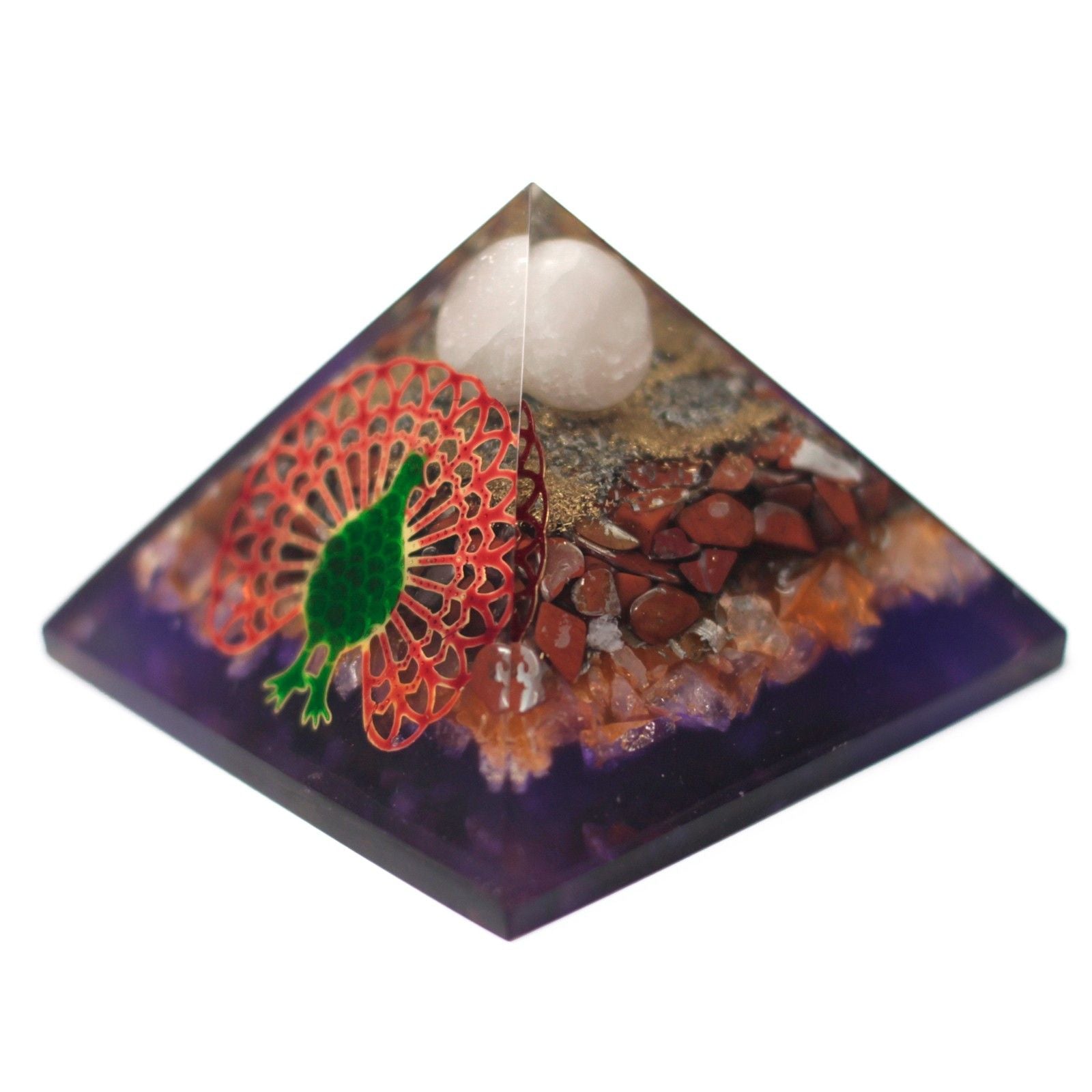 Orgonit-Pyramide 70mm - Pfau in mehrfarbigem Design mit Edelsteinen und Kupfer