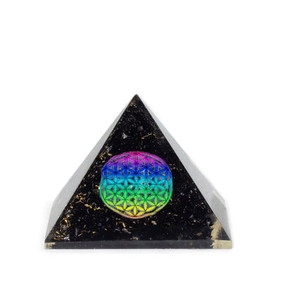 Orgon-Pyramide aus schwarzem Turmalin 5.5x4.5cm mit Blume des Lebens