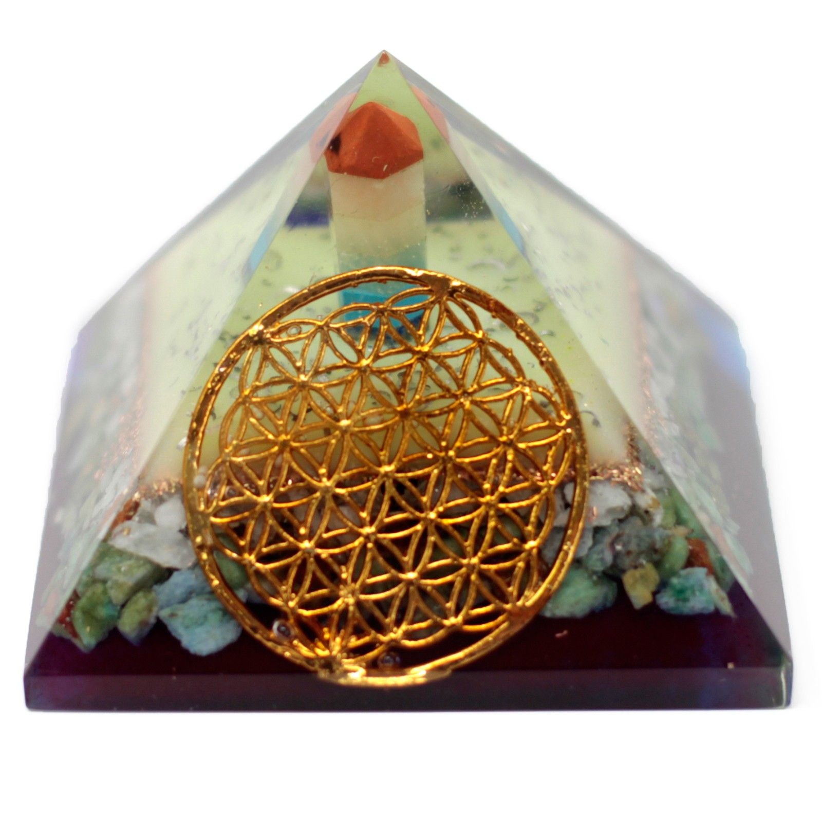 Große Orgonit-Pyramide 70mm mit Symbol der Blume des Lebens