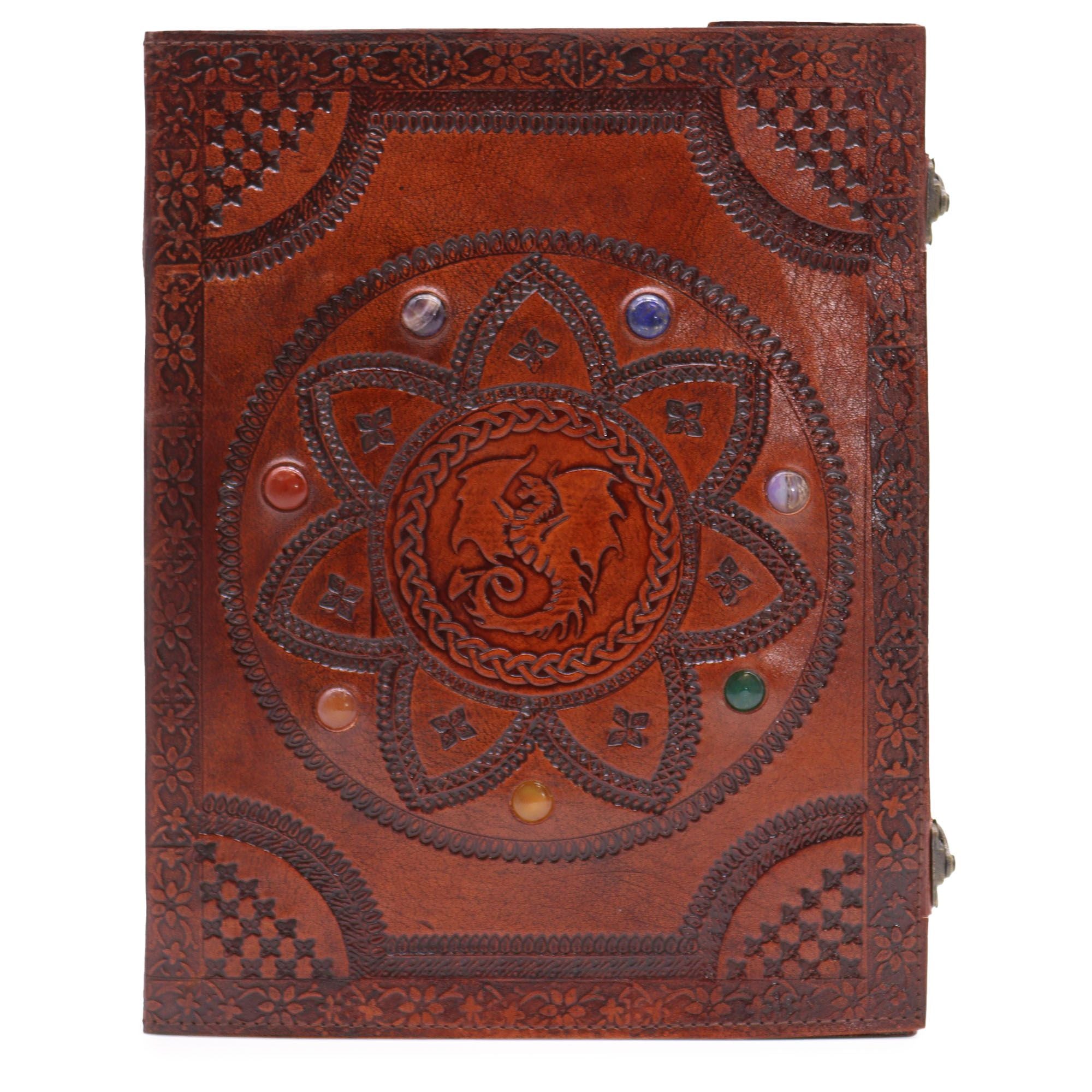 Buch der Drachenmandala mit Chakrasteinen - Handgefertigt, Naturleder, 100 glatte Seiten, 25x34 cm