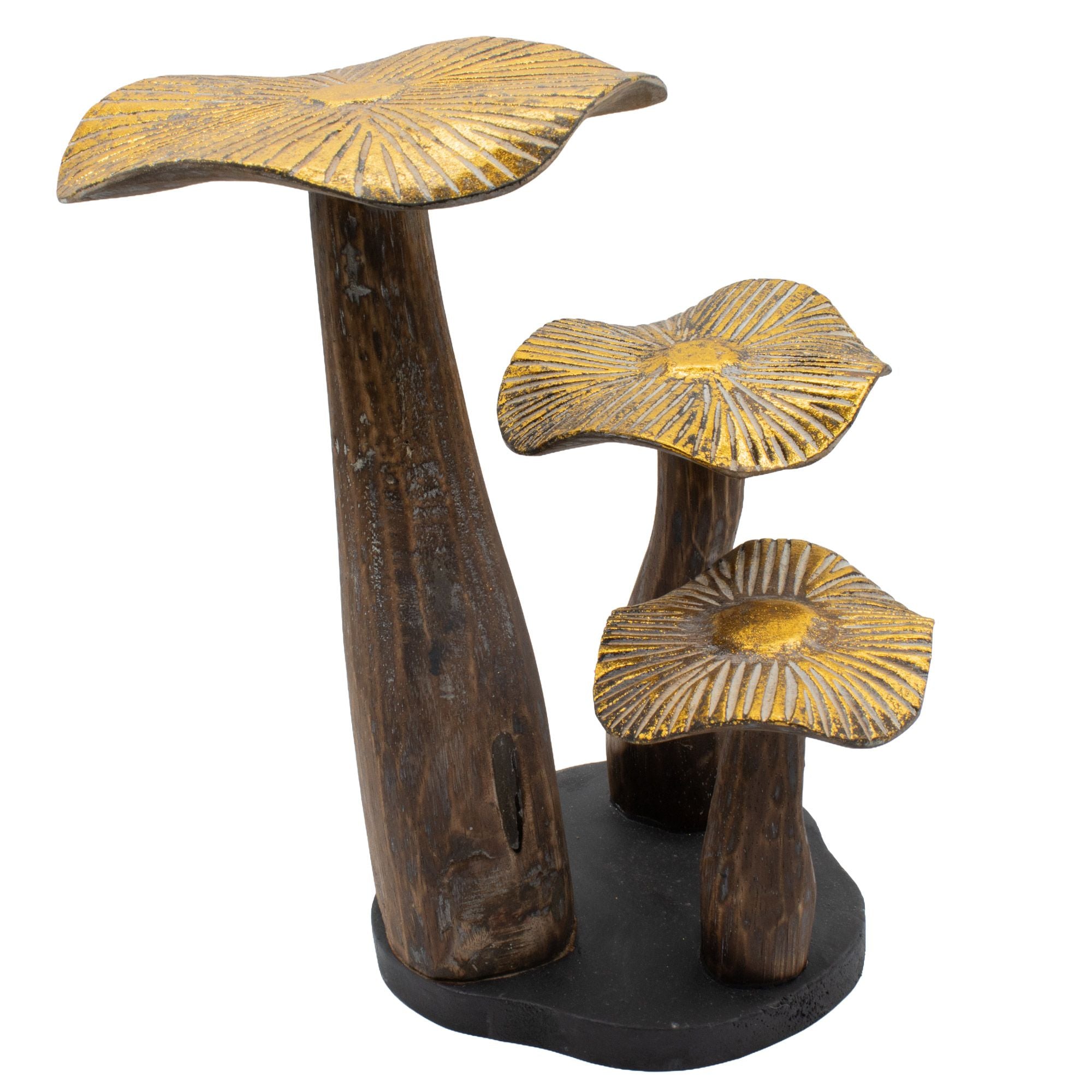 Große goldene Pilzskulptur 32 cm - Naturholz - einzigartiges dekoratives Geschenkobjekt - Waldstil, rustikal und modern