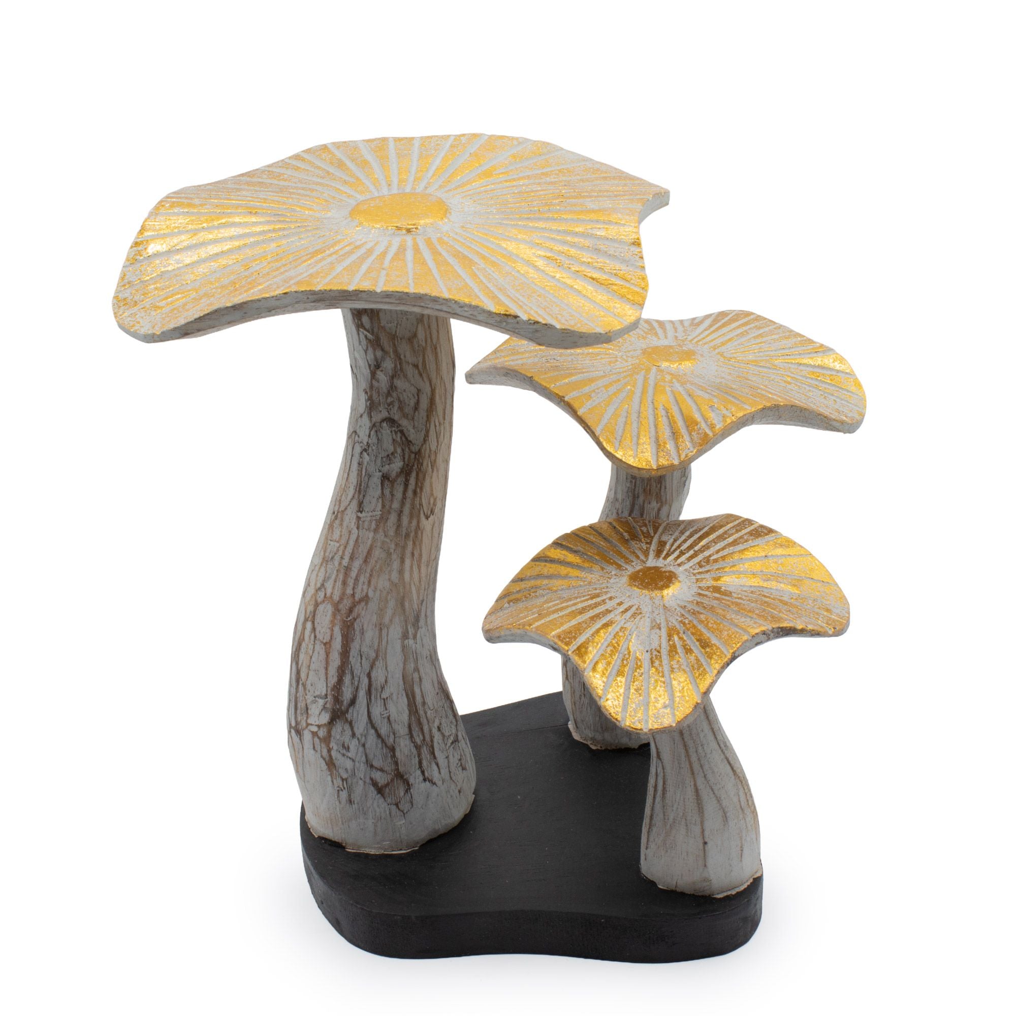 Künstlerische goldene Pilzfigur 25 cm mit weißem Finish und goldenen Details - einzigartiges Geschenk aus Albasiaholz für Einrichtungen im Boho- und Naturstil
