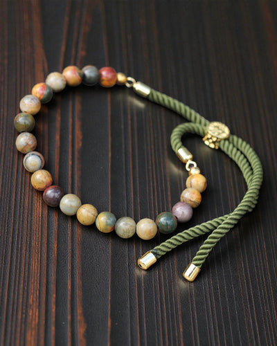 Moss Aura – Armband mit Picasso-Jaspis und 18K Gold an grüner Kordel