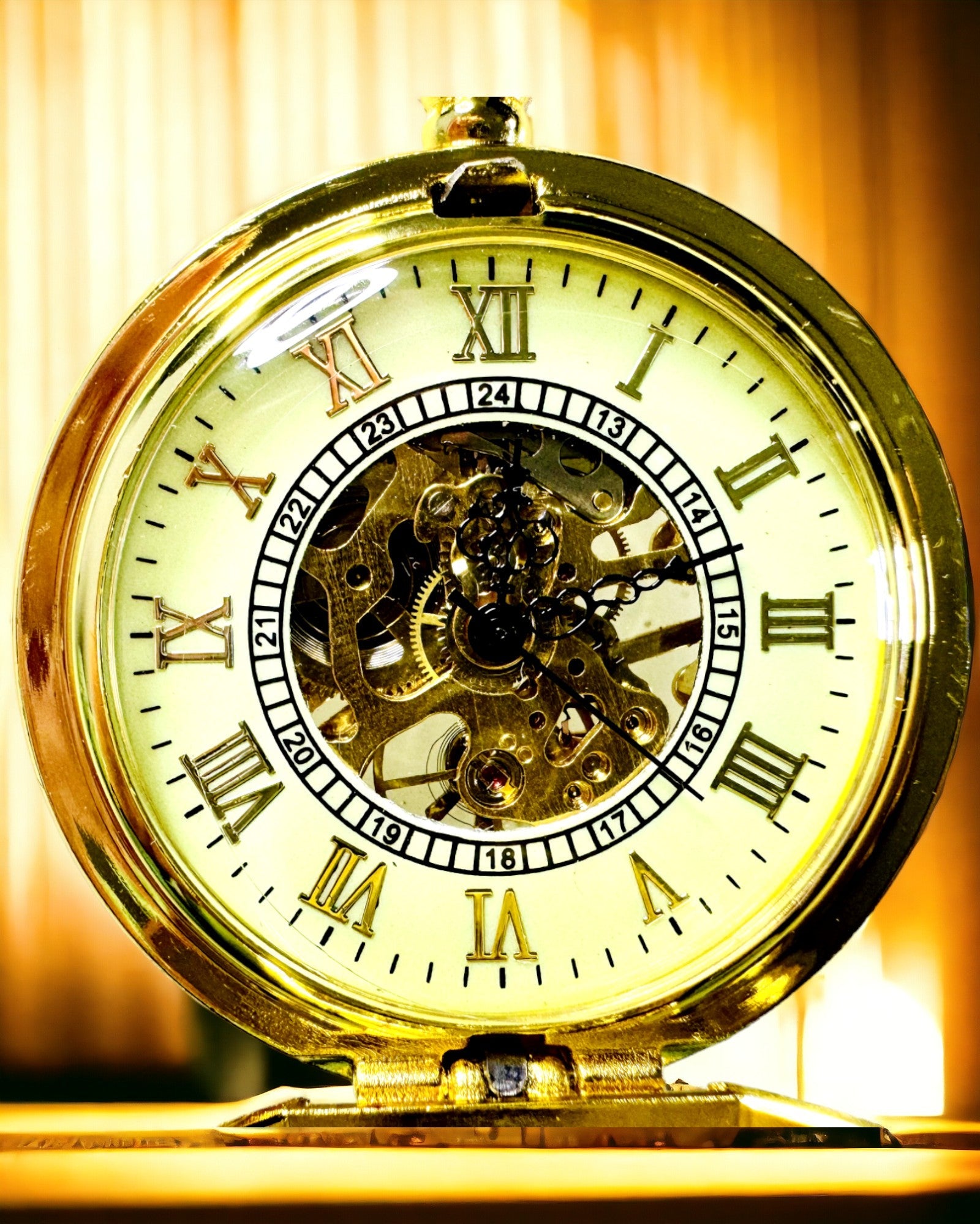 Retro Taschenuhr mit handaufgezogenem Mechanismus, goldene Farbe mit römischer Skala und leuchtendem Zifferblatt, Vintage-Stil