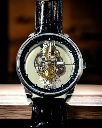 Herren-Quarzuhr mit transparentem Zifferblatt - Klassische Eleganz in modernem Design, schwarzes Armband. Personalisierung mit Gravur.