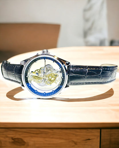 Herren-Quarzuhr mit transparentem Zifferblatt - Klassische Eleganz in modernem Design, schwarzes Armband. Personalisierung mit Gravur.