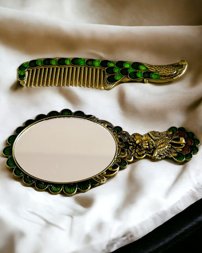Vintage-Set mit Spiegel und Kamm im Pfauenmotiv - Dekorative Kosmetikaccessoires