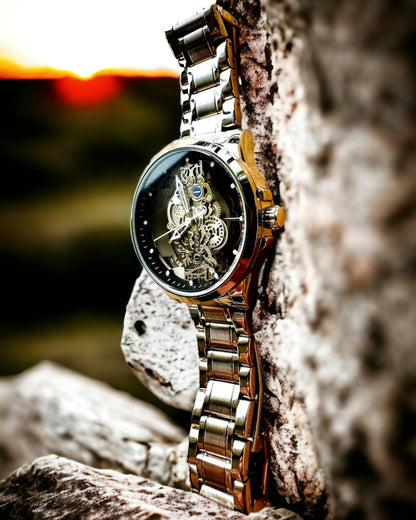 Elegante Herrenuhr KIMSDUN Prestige Transparentes Uhrwerk und Sportliche Eleganz, personalisierbar mit Gravur