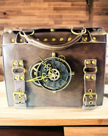 Crossbody-Tasche mit Vintage-Uhrenmotiv - Vielseitige Satchel-Tasche mit PU-Lederstruktur
