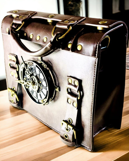 Crossbody-Tasche mit Vintage-Uhrenmotiv - Vielseitige Satchel-Tasche mit PU-Lederstruktur