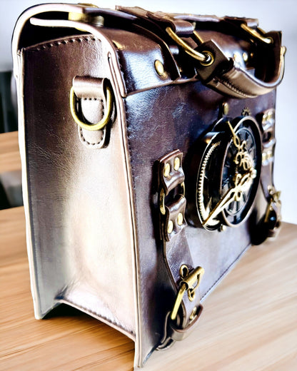 Crossbody-Tasche mit Vintage-Uhrenmotiv - Vielseitige Satchel-Tasche mit PU-Lederstruktur