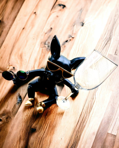 Exklusive Figur "Stilvoller Bulldogge", Farbe Schwarz, Halter für Weinglas oder Champagnerglas, Personalisierung mit Gravur