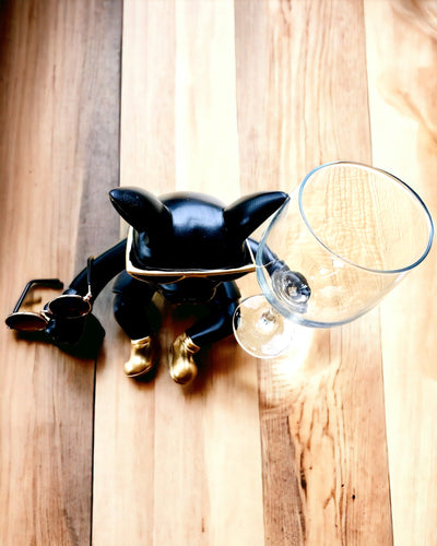 Exklusive Figur "Stilvoller Bulldogge", Farbe Schwarz, Halter für Weinglas oder Champagnerglas, Personalisierung mit Gravur
