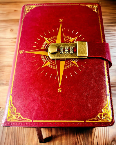 Notizbuch Premium mit Zahlenschloss A5 - Vintage-Stil mit Kompass, Japanisches Design, Schreibwaren für Studenten und Geschäft. Personalisierung mit Gravur