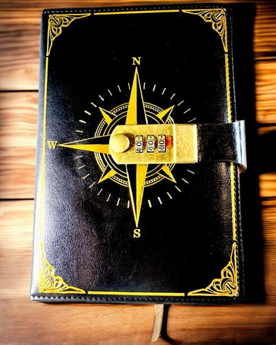 Notizbuch Premium mit Zahlenschloss A5 - Vintage-Stil mit Kompass, Japanisches Design, Schreibwaren für Studenten und Geschäft. Personalisierung mit Gravur