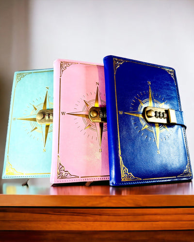 Notizbuch Premium mit Zahlenschloss A5 - Vintage-Stil mit Kompass, Japanisches Design, Schreibwaren für Studenten und Geschäft. Personalisierung mit Gravur